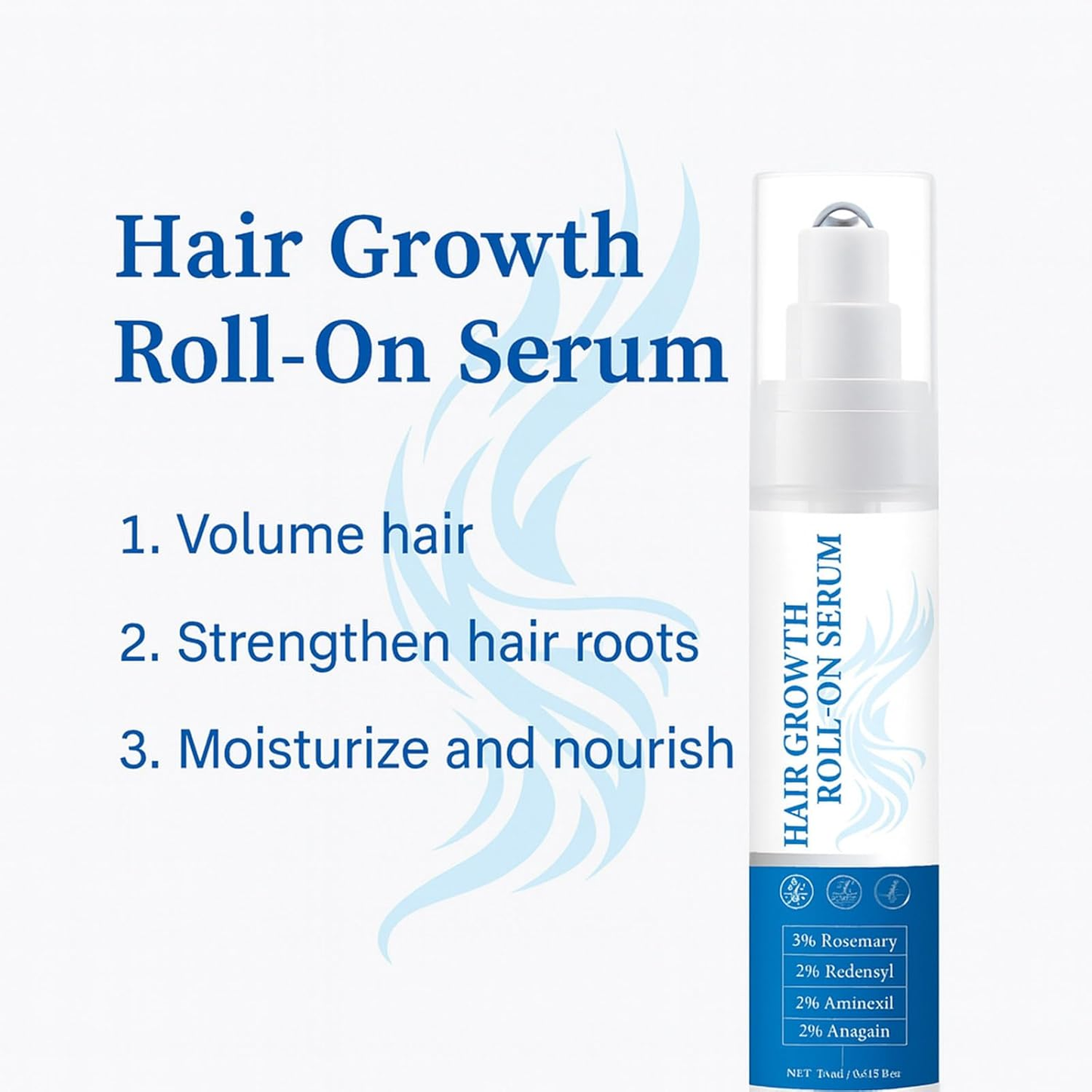 Rosemary hair growth roll-on serum for thicker, fuller hair; natural formula for quick absorption.
