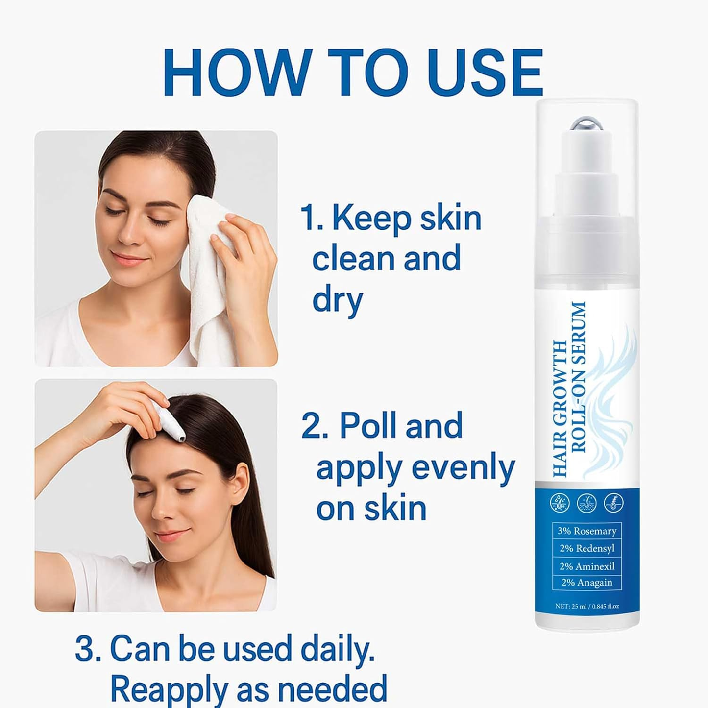 Rosemary hair growth roll-on serum for thicker, fuller hair; natural formula for quick absorption.