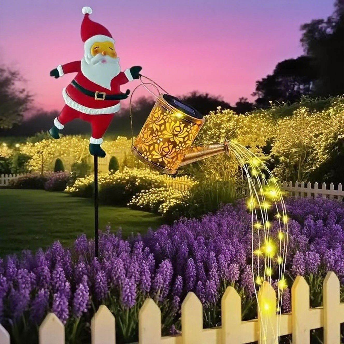 Solar Santa Watering Can Garden Light with Cascading LED Lights – Outdoor Waterproof Stake Light for Christmas & Holiday Decor