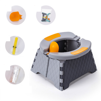 Portable toilet training chair with travel bag and 30 liners, foldable.