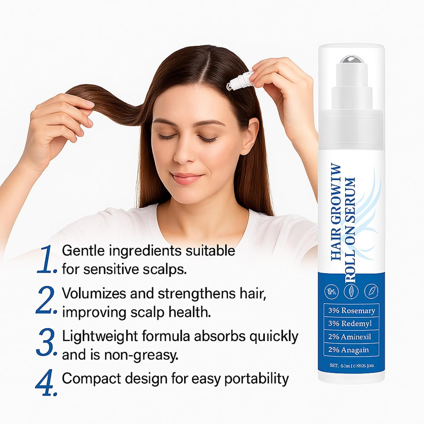 Rosemary hair growth roll-on serum for thicker, fuller hair; natural formula for quick absorption.