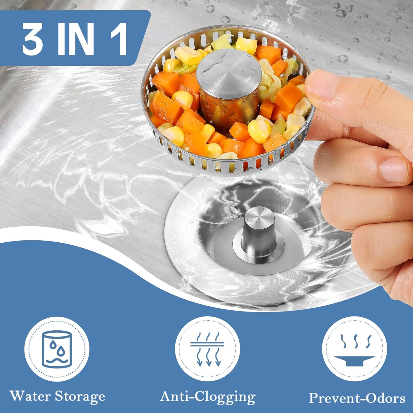 Kitchen Sink Drain Strainer 3 in 1, 304 Stainless Steel Pop-up Sink Stopper