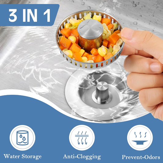 Kitchen Sink Drain Strainer 3 in 1, 304 Stainless Steel Pop-up Sink Stopper