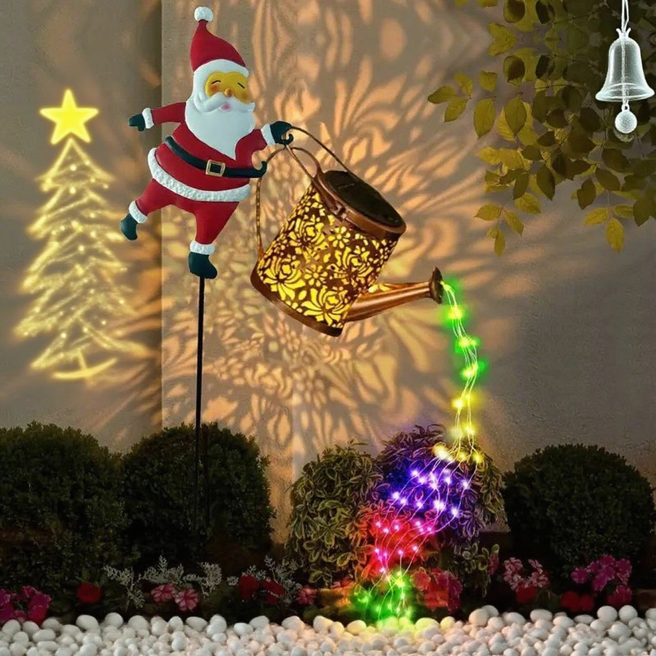 Solar Santa Watering Can Garden Light with Cascading LED Lights – Outdoor Waterproof Stake Light for Christmas & Holiday Decor