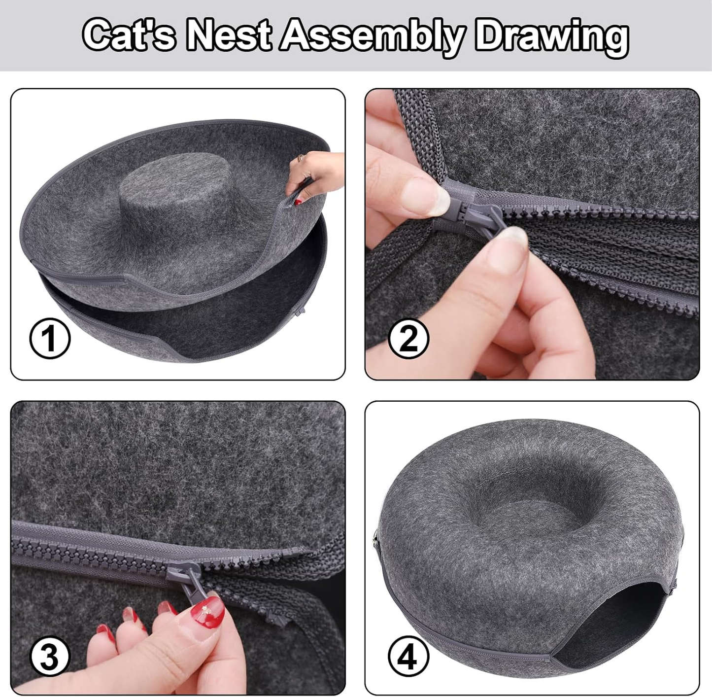 Cat Cave Bed for Indoor Cats, Removable Round Felt Tunnel with Washable Interior for Cat Housing and Play (20 Inch)