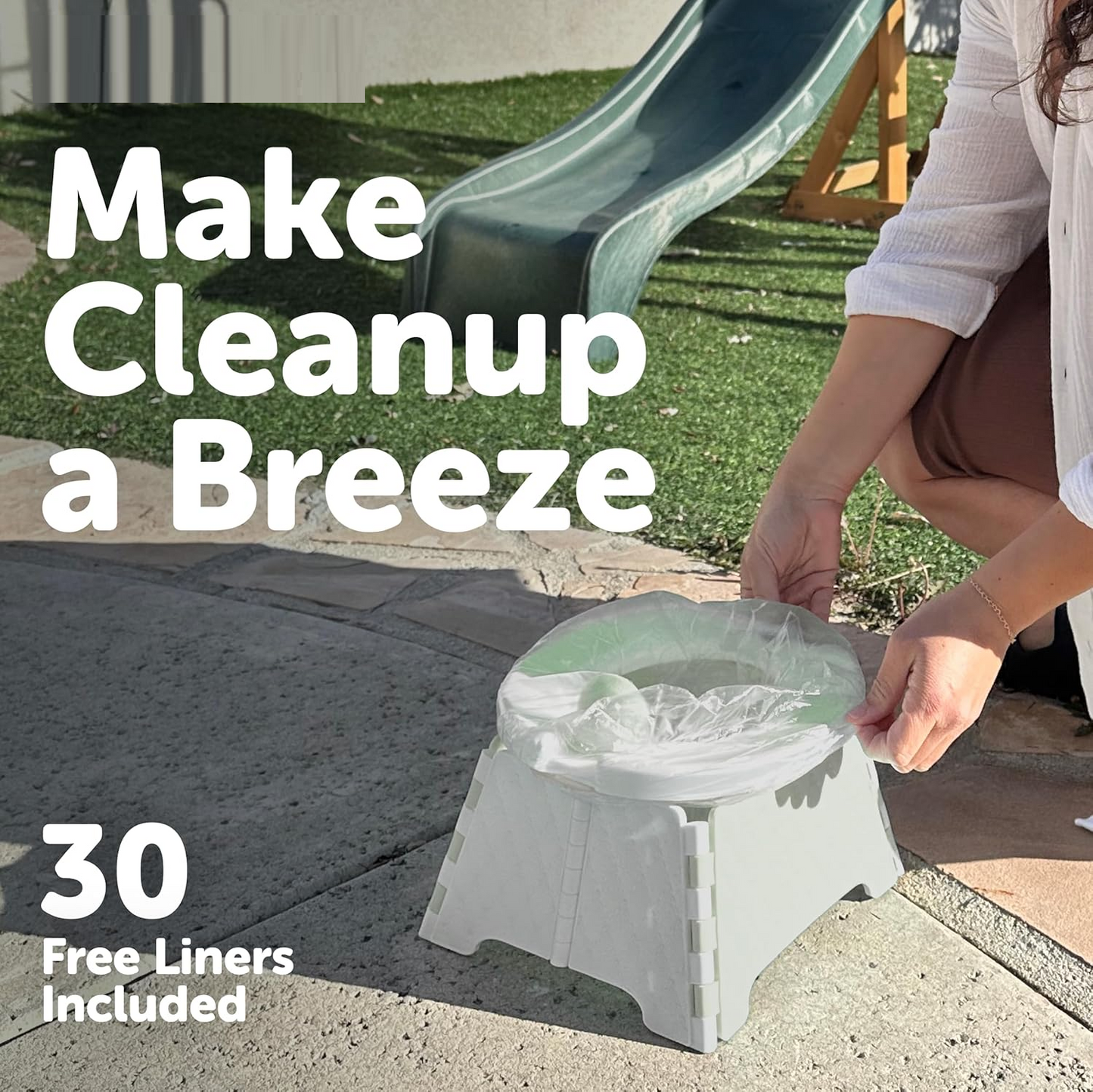 Portable toilet training chair with travel bag and 30 liners, foldable.