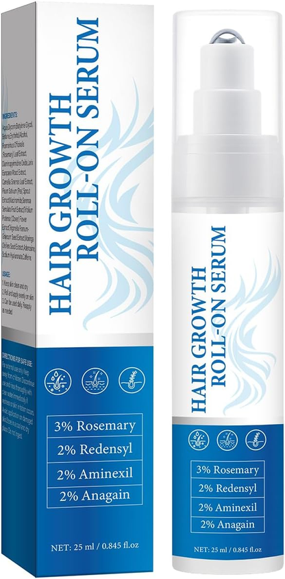 Rosemary hair growth roll-on serum for thicker, fuller hair; natural formula for quick absorption.