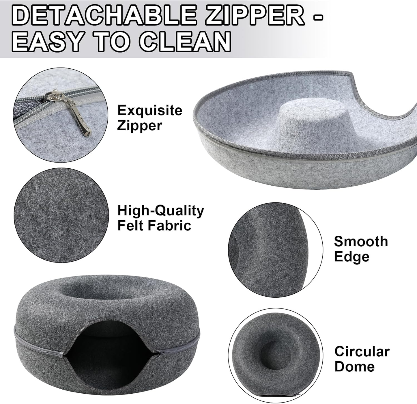 Cat Cave Bed for Indoor Cats, Removable Round Felt Tunnel with Washable Interior for Cat Housing and Play (20 Inch)