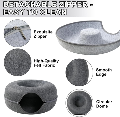 Cat Cave Bed for Indoor Cats, Removable Round Felt Tunnel with Washable Interior for Cat Housing and Play (20 Inch)