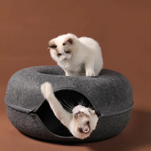 Cat Cave Bed for Indoor Cats, Removable Round Felt Tunnel with Washable Interior for Cat Housing and Play (20 Inch)