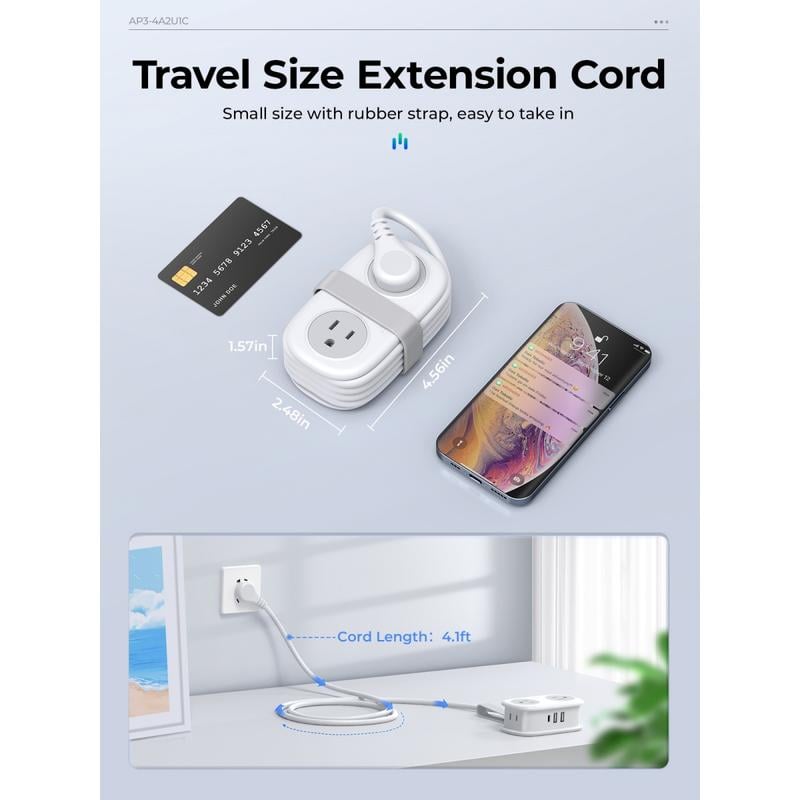Travel Power Strip. ORICO 4 Outlets 3 USB Ports (1 USB C) with 4FT Wrapped Short Extension Cord Small Power Strip