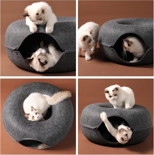 Cat Cave Bed for Indoor Cats, Removable Round Felt Tunnel with Washable Interior for Cat Housing and Play (20 Inch)
