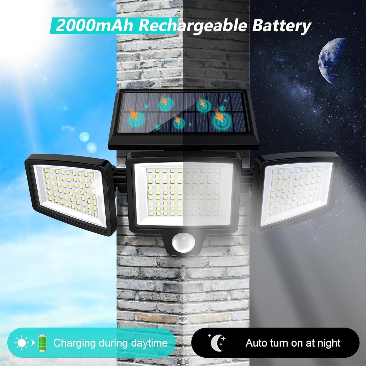 Outdoor Solar 210 LED Security Light with Remote Control, 270 Degree Wide Angle Floodlight Wall Light, 3 Modes