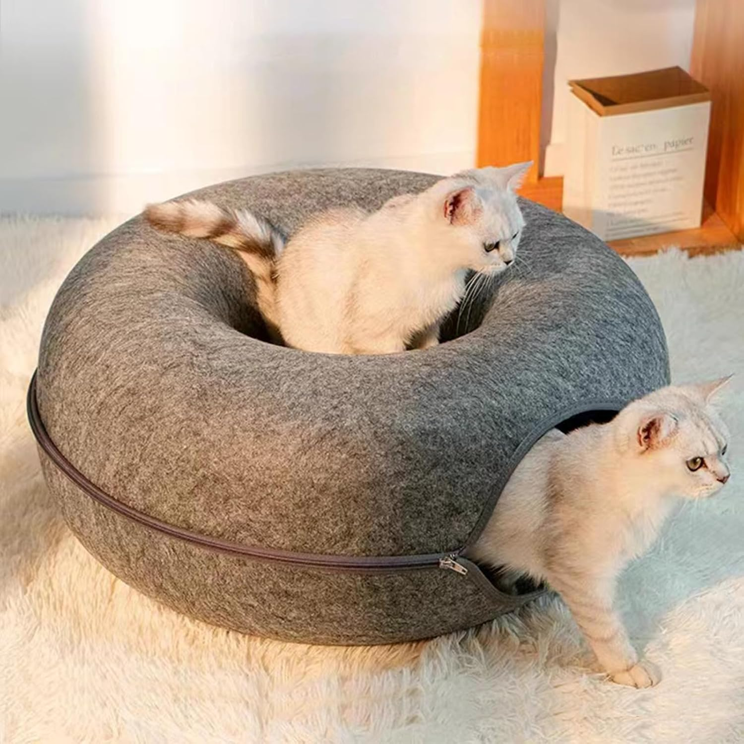 Cat Cave Bed for Indoor Cats, Removable Round Felt Tunnel with Washable Interior for Cat Housing and Play (20 Inch)