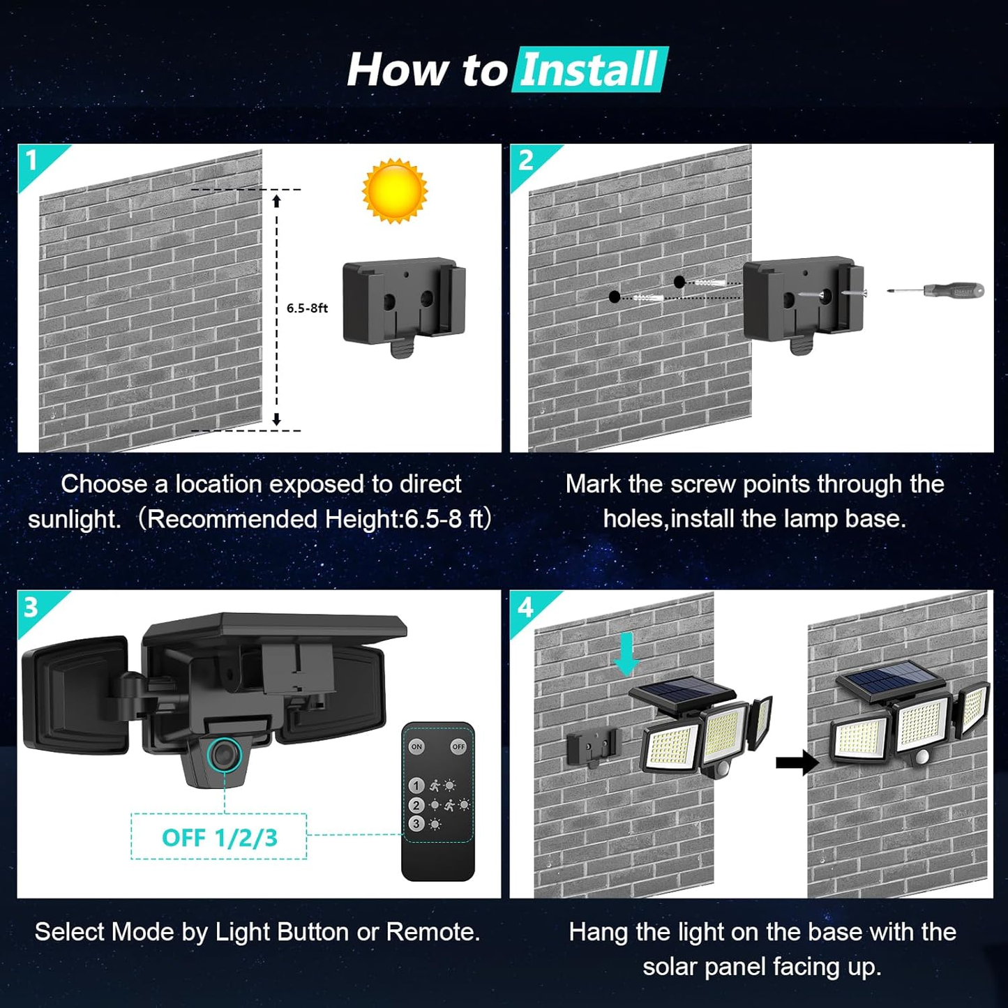 Outdoor Solar 210 LED Security Light with Remote Control, 270 Degree Wide Angle Floodlight Wall Light, 3 Modes