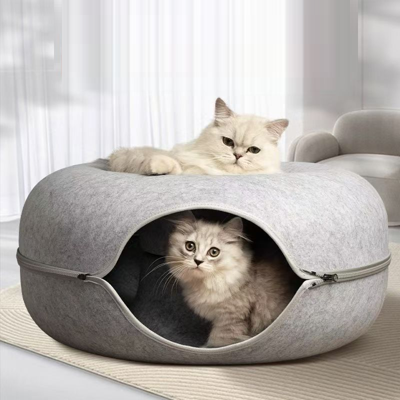 Cat Cave Bed for Indoor Cats, Removable Round Felt Tunnel with Washable Interior for Cat Housing and Play (20 Inch)