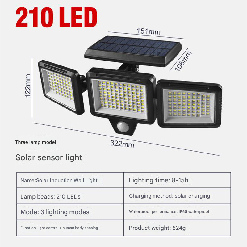Outdoor Solar 210 LED Security Light with Remote Control, 270 Degree Wide Angle Floodlight Wall Light, 3 Modes