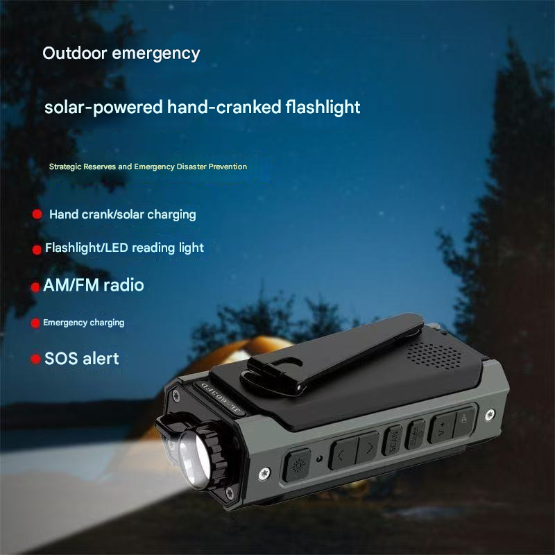 Portable solar-powered emergency hand-cranked radio